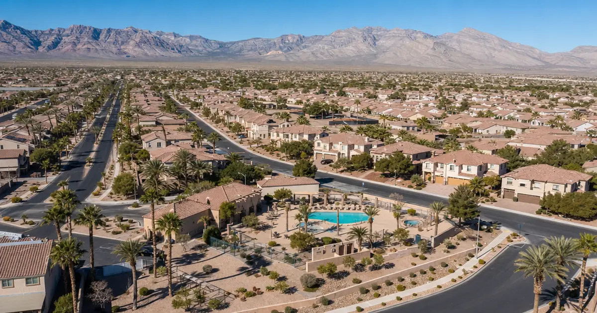 Aerial view of a Las Vegas master-planned neighborhood with stucco homes, tile roofs, desert landscaping, and Spring Mountains in the background