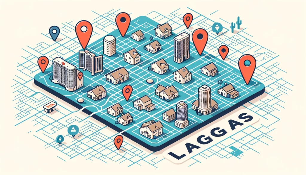 Vector map of Las Vegas with icons representing multifamily apartments.