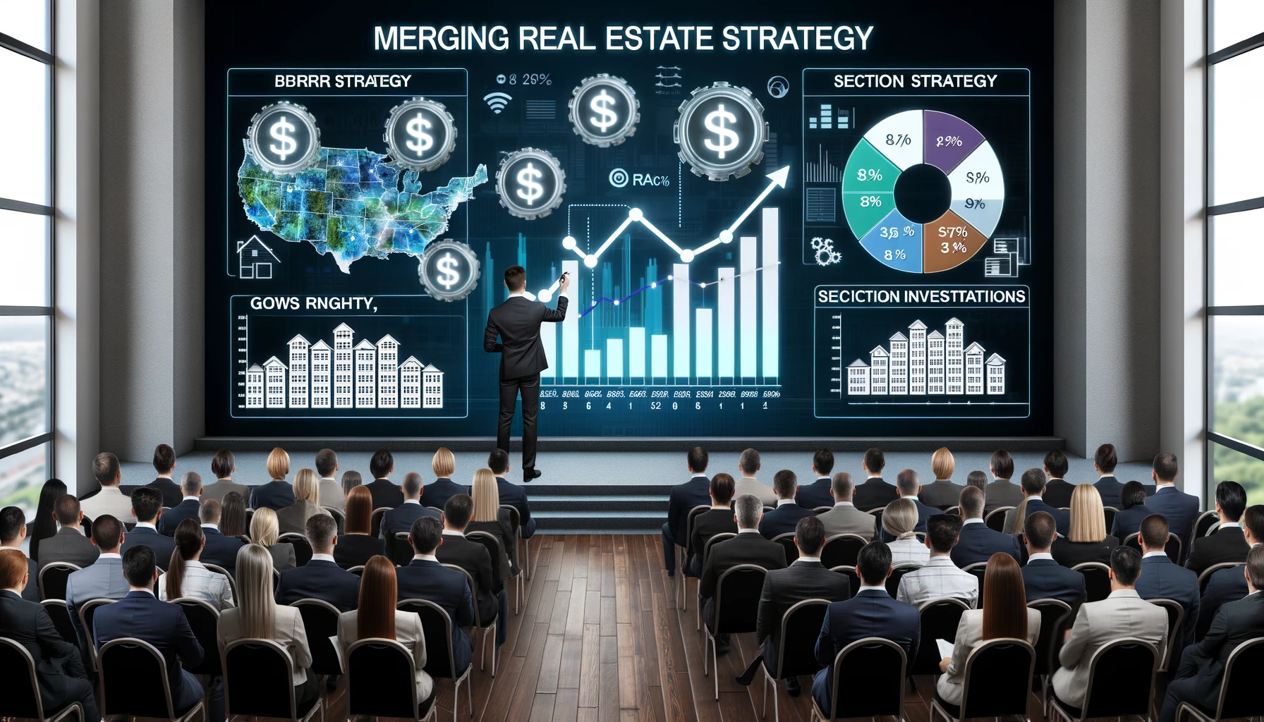 A seminar scene with a presenter discussing the confluence of BRRR strategy and Section 8 investments.