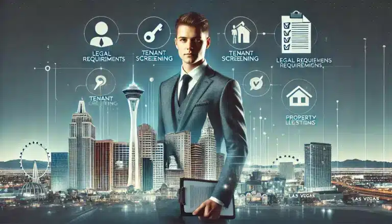 "Becoming a Property Manager in Las Vegas" In the heart of Las Vegas, where the city’s iconic skyline meets the vibrant pulse of the real estate market, a determined individual steps forward, symbolizing the journey of becoming a property manager. With the Stratosphere Tower and neon signs lighting the backdrop, this professional holds a clipboard in one hand and a key in the other, representing the essential tools of the trade. Surrounded by symbols of legal requirements, tenant screening, and property management documents, the image captures the dynamic and detail-oriented world of property management in Las Vegas. Key elements like 'Las Vegas real estate,' 'property management,' and 'becoming a property manager' are subtly integrated to emphasize the path to success in this field.