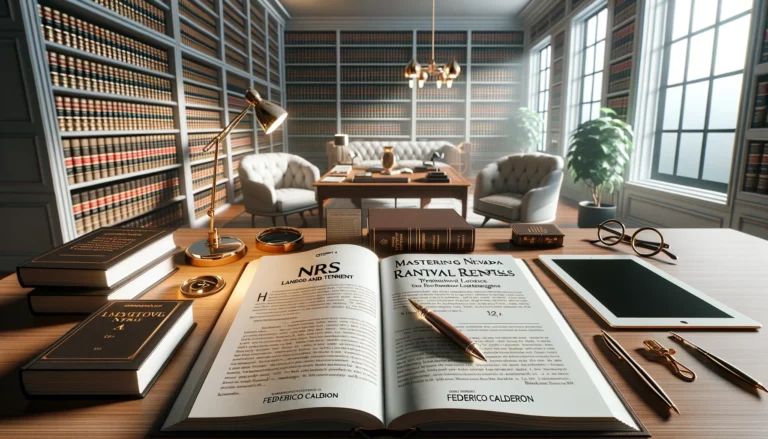 Upscale legal study room with an open document titled 'NRS: CHAPTER 118A – LANDLORD AND TENANT: DWELLINGS', adjacent to a guidebook, on a polished wooden desk with legal literature in the backdrop