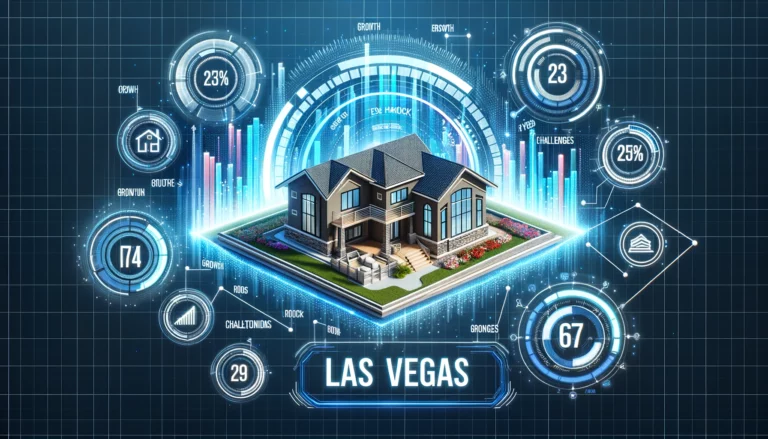 Artistic rendering of a Las Vegas house with digital HUD metrics overlay