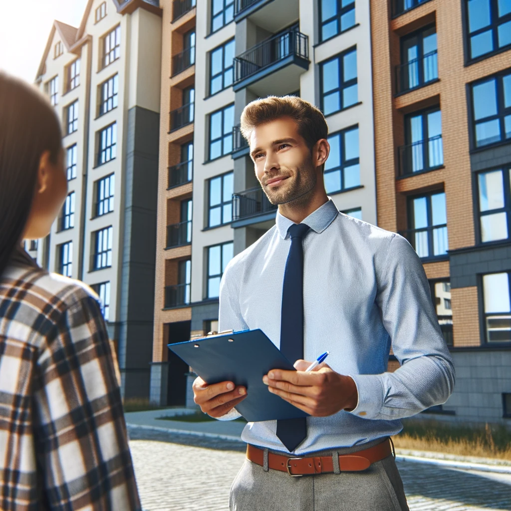 multifamily apartment property management: Property manager outside a multifamily apartment building.