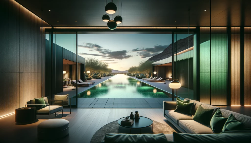 Property Management 10 Modern Las Vegas Home Interior with Dark Green Accents, Infinity Pool View, and Sunset Hues