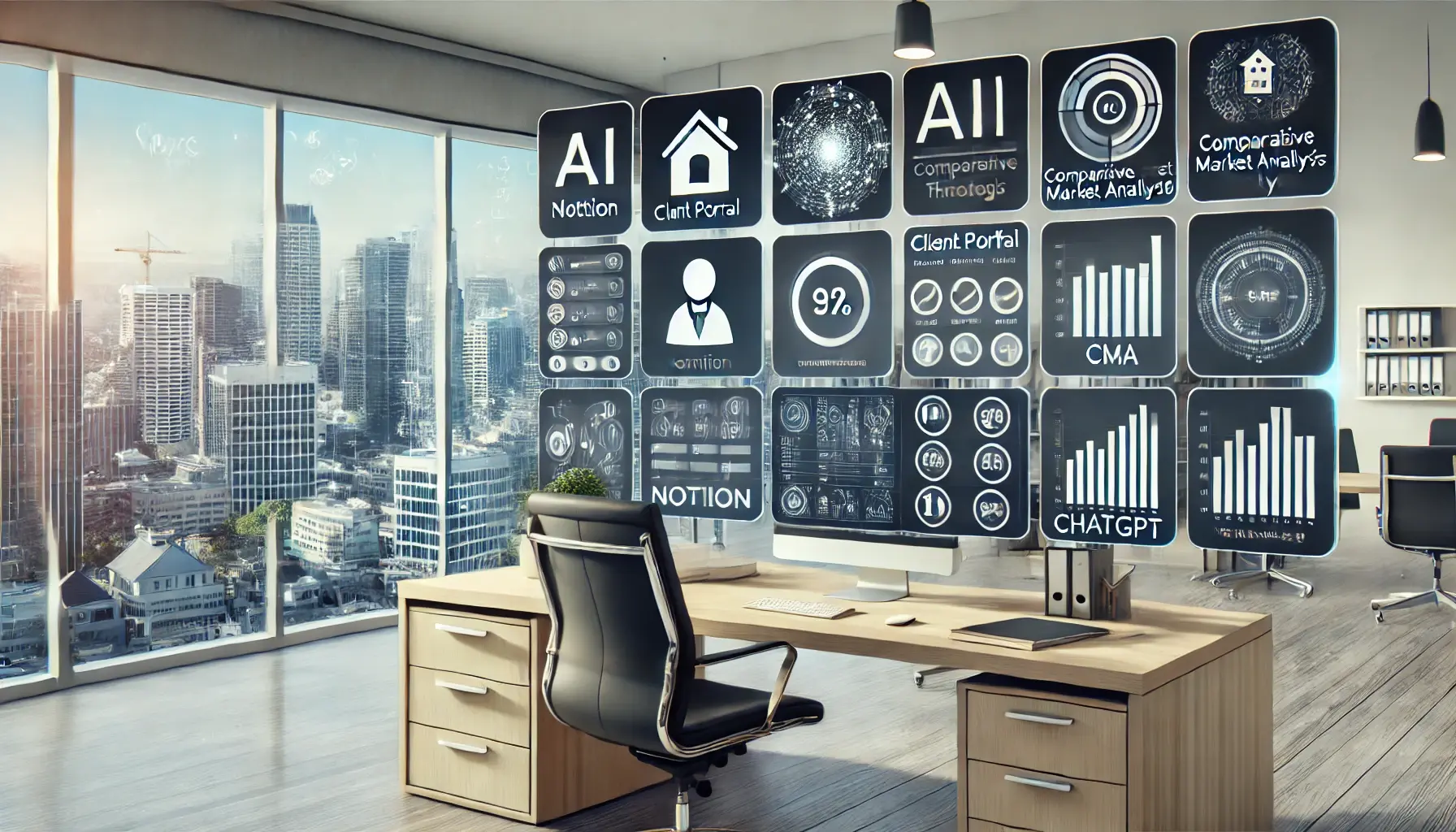 Modern real estate office featuring AI tools like Notion and ChatGPT in property management. The office showcases digital interfaces for client portals and Comparative Market Analysis (CMA) tables, highlighting innovation and technology in real estate.