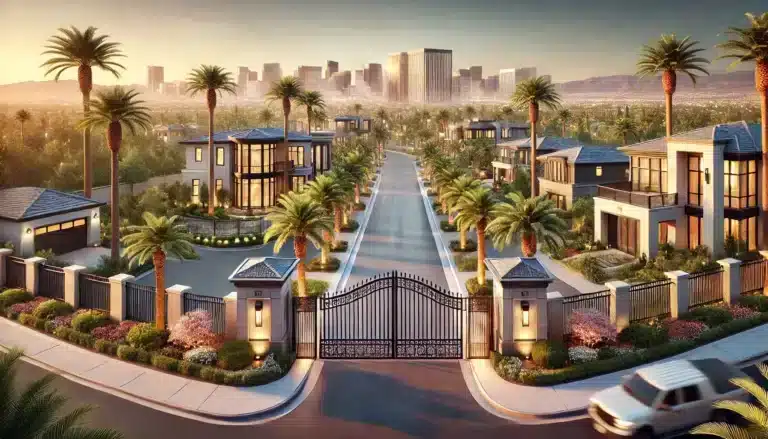 this AI generated image shows a beautiful picture of a gated community in las vegas. Las Vegas Real Estate made simple by grand prix realty